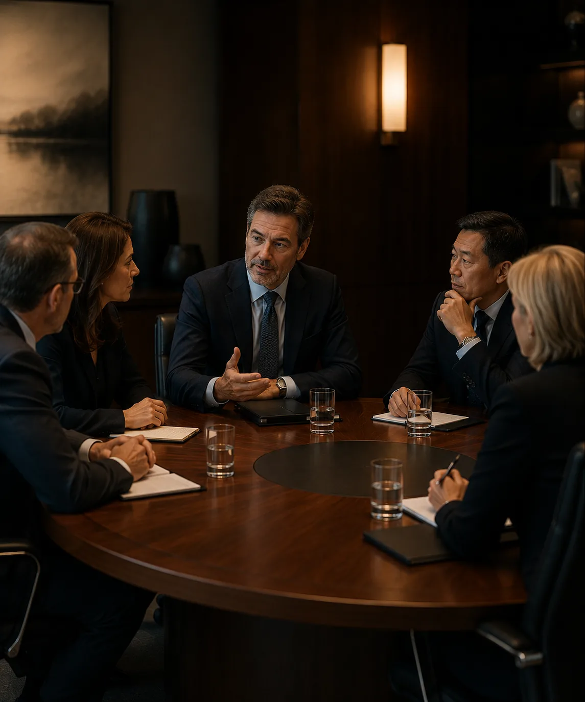 A small group of business leaders in discussion around a round table