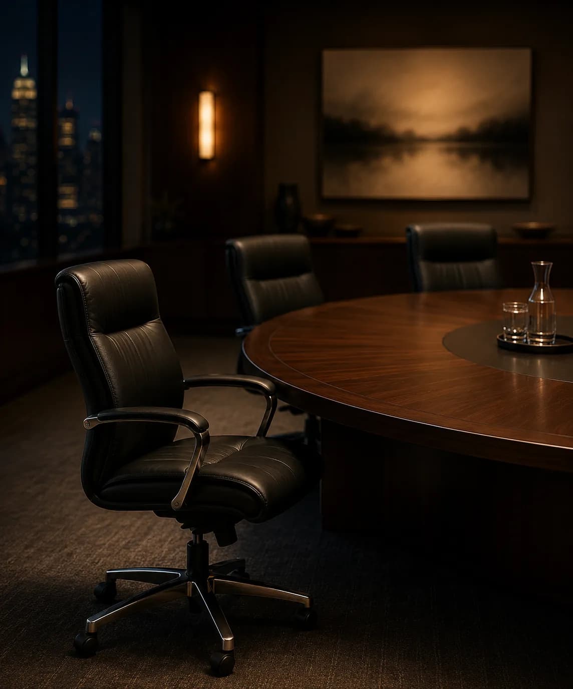 A single empty leather chair drawn back from a dark walnut round table