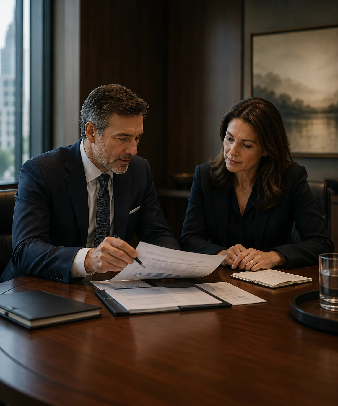 Two executives reviewing documents together at a table in warm light