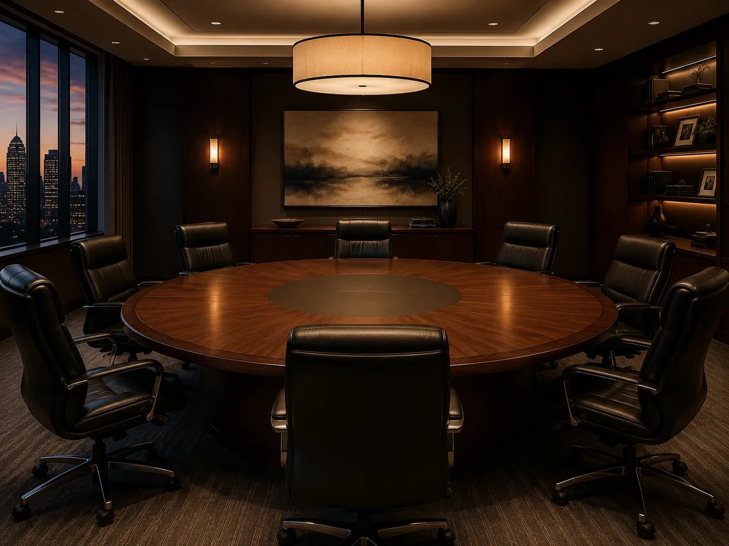 An empty executive round table in a warm, dimly lit boardroom