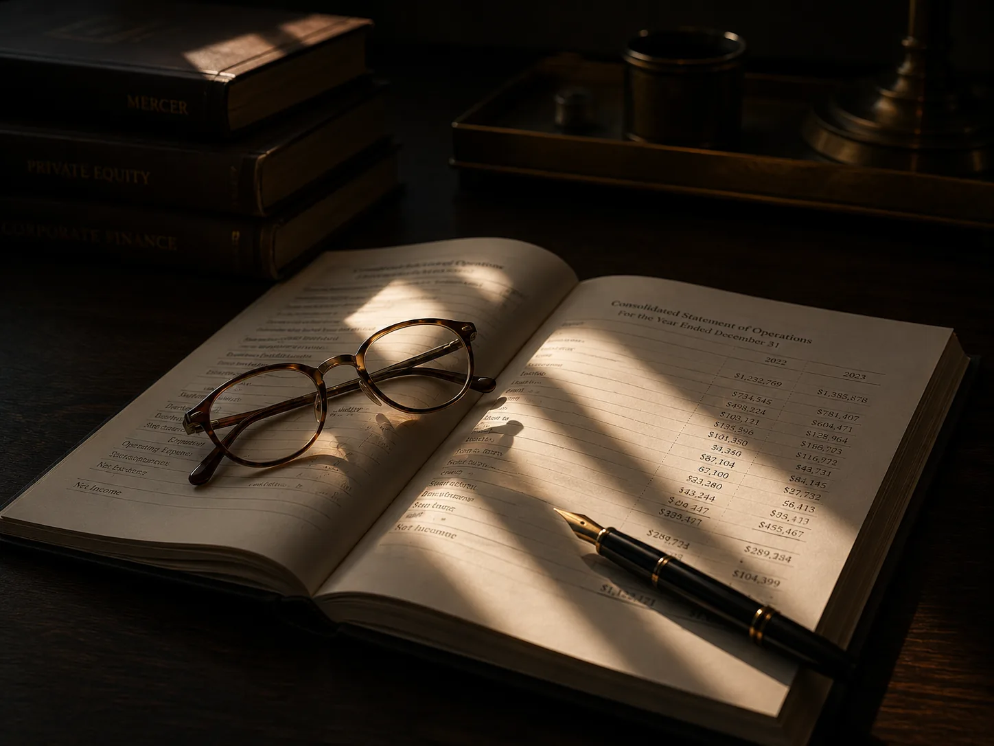 An open ledger, reading glasses and a pen on a dark desk in warm light