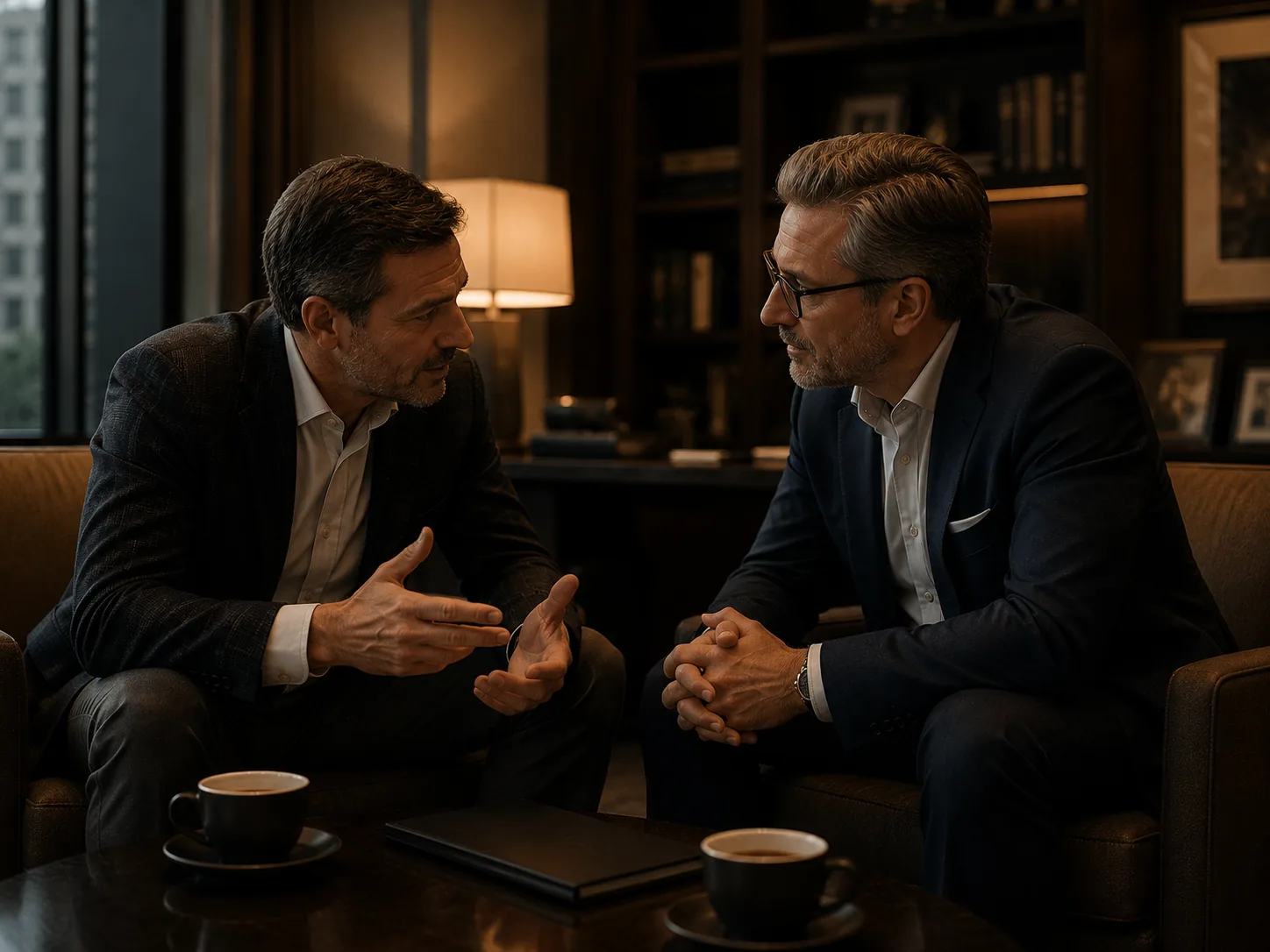 Two business owners in conversation in a quiet lounge, warm afternoon light